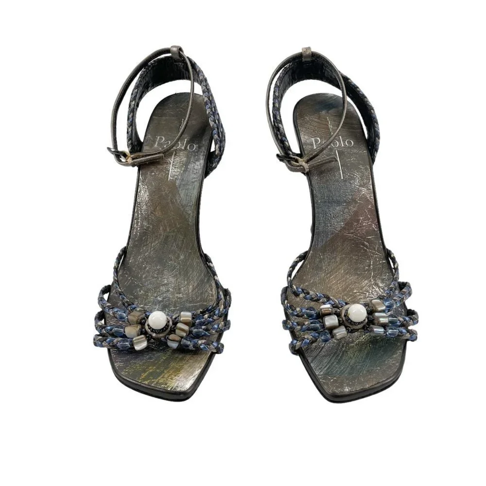 Linea Paolo Leather Braided Beaded Ankle Strap Wedges Sandals Womens Size 6.5